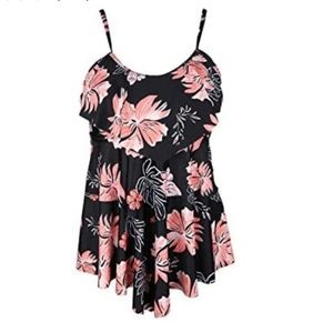 Swimsuit Tankini Top Black Pink Floral Print Iarge NWT